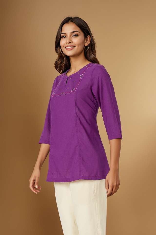 Purple Pure Cotton Mukaish Emboridered Short Top thumbnail image number null