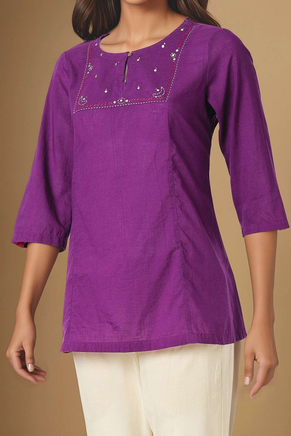 Purple Pure Cotton Mukaish Emboridered Short Top image number null