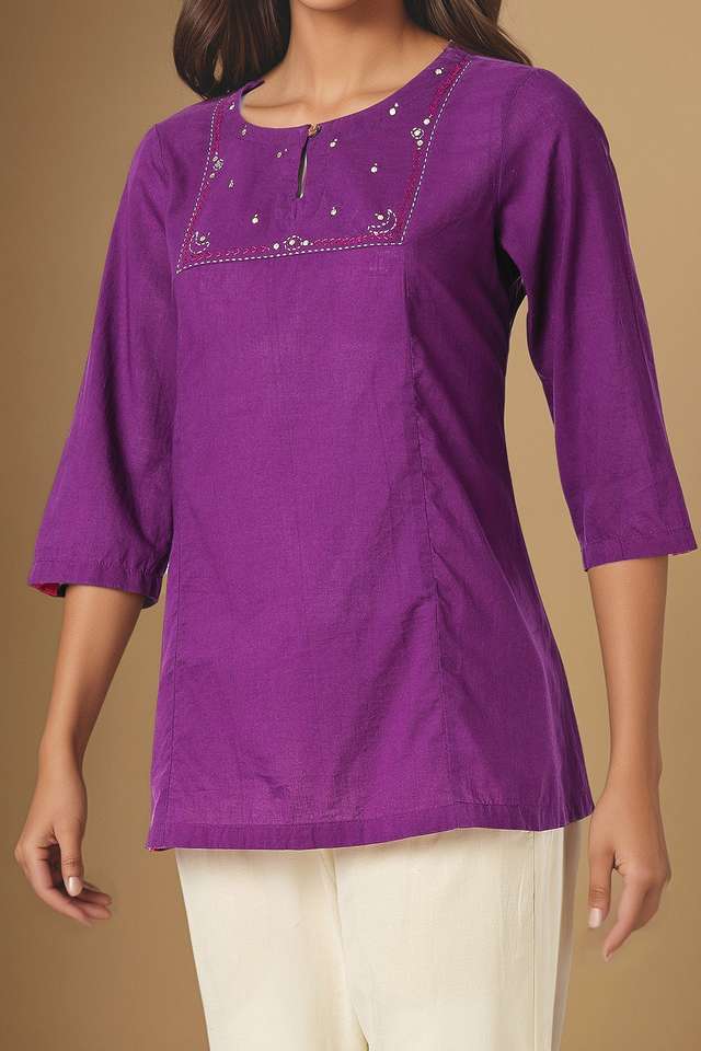 Purple Pure Cotton Mukaish Emboridered Short Top thumbnail image number null
