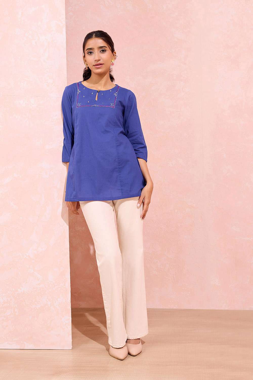 Blue Pure Cotton Embroidered Short Top image number null