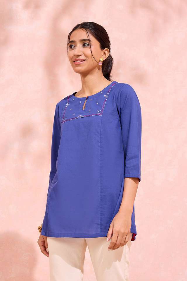 Blue Pure Cotton Embroidered Short Top thumbnail image number null