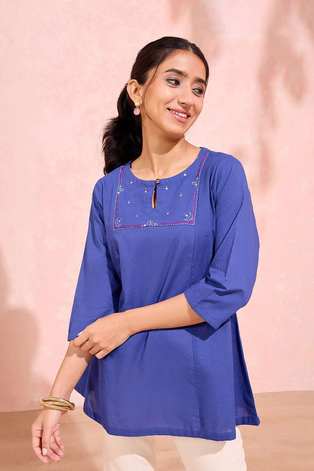 Blue Pure Cotton Embroidered Short Top image number null