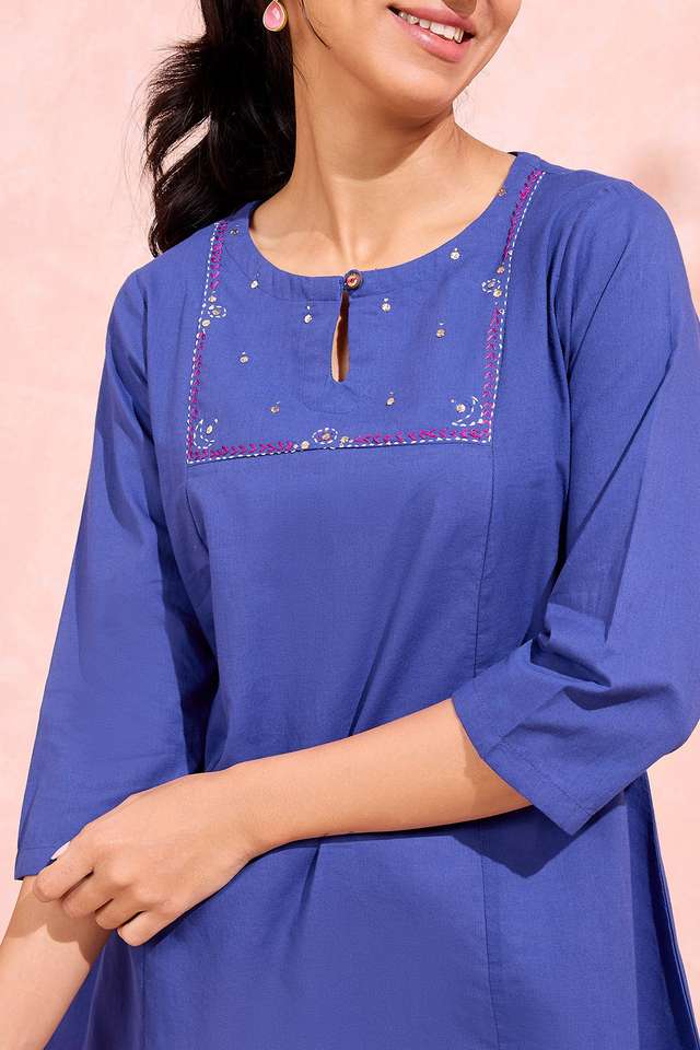Blue Pure Cotton Embroidered Short Top thumbnail image number null