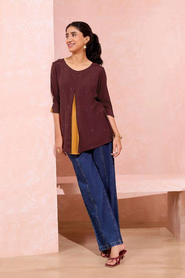 Brown Viscose Embroidered Short Top image number
