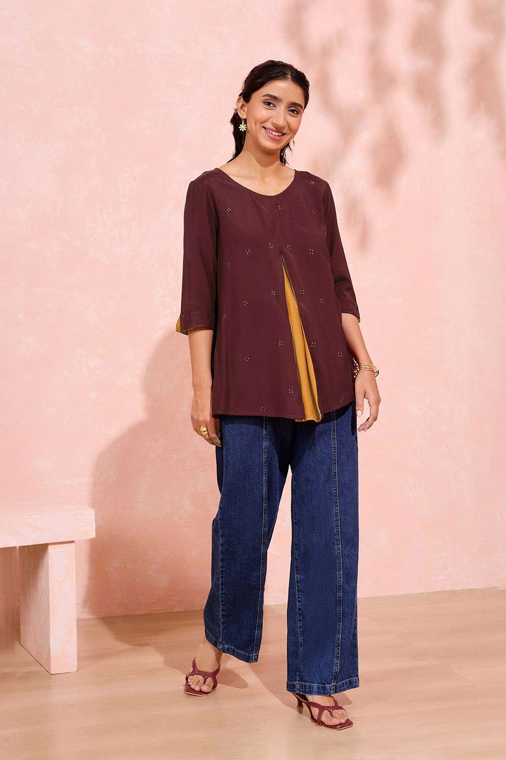 Brown Viscose Embroidered Short Top image number null