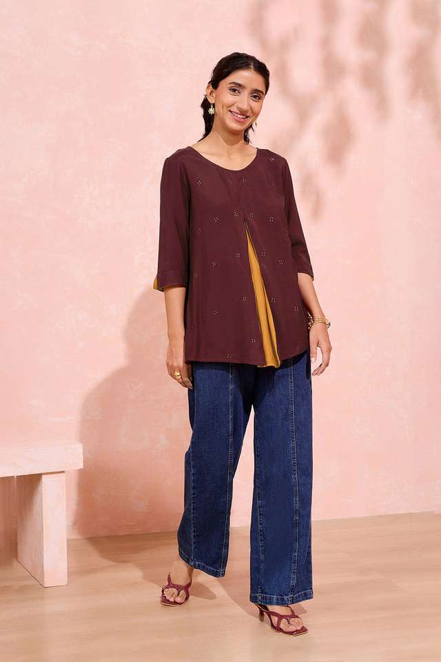 Brown Viscose Embroidered Short Top thumbnail image number null