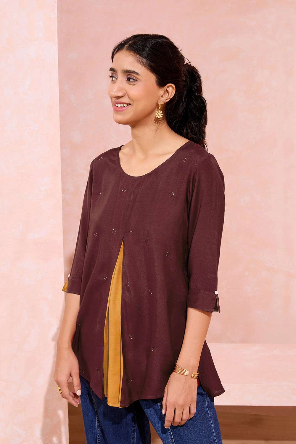 Brown Viscose Embroidered Short Top image number null