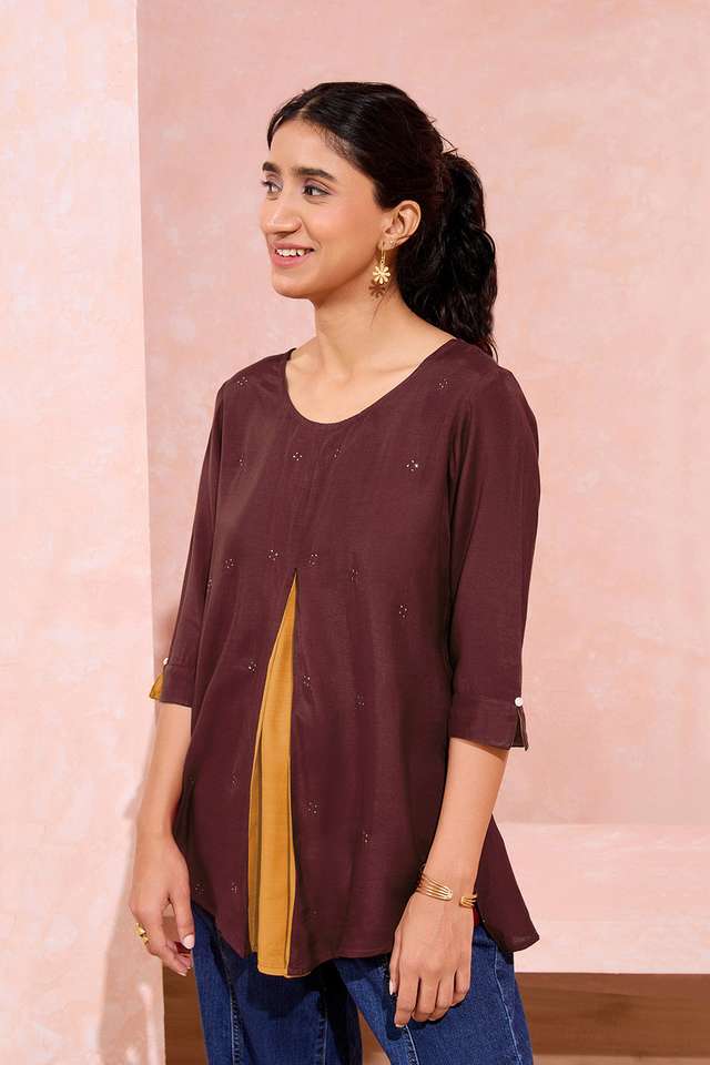 Brown Viscose Embroidered Short Top thumbnail image number null