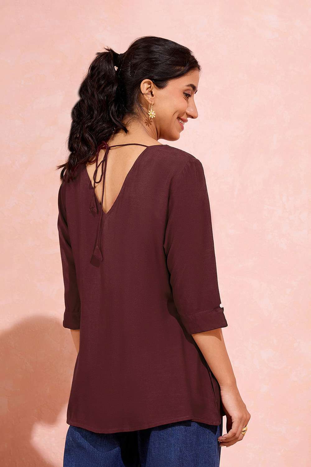 Brown Viscose Embroidered Short Top image number null
