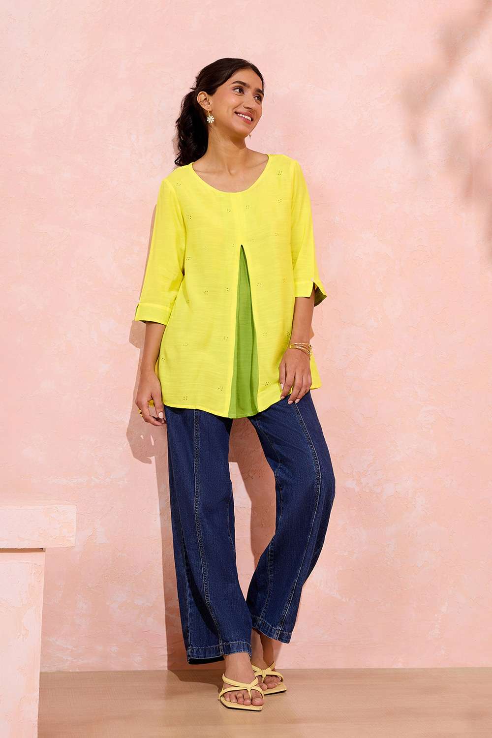 Yellow Viscose Embroidered Short Top image number null