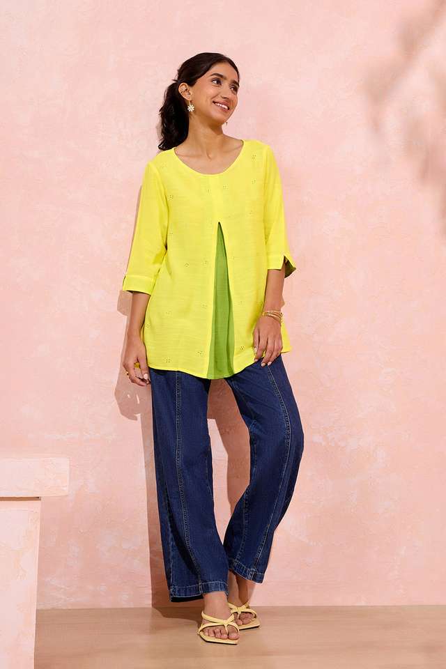 Yellow Viscose Embroidered Short Top