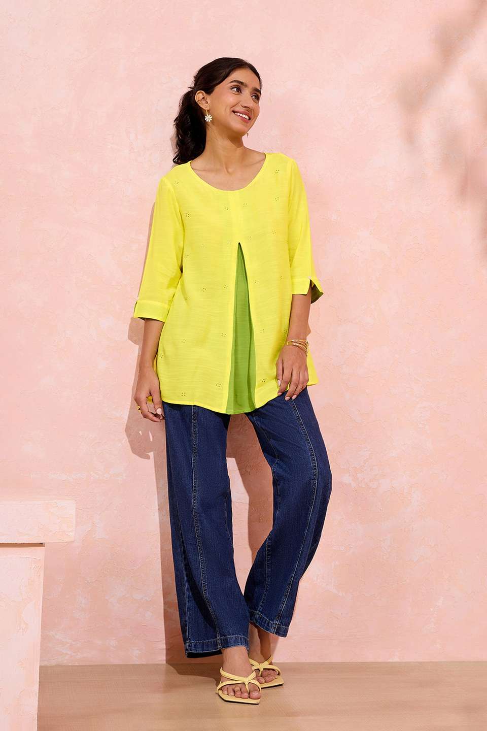 Yellow Viscose Embroidered Short Top