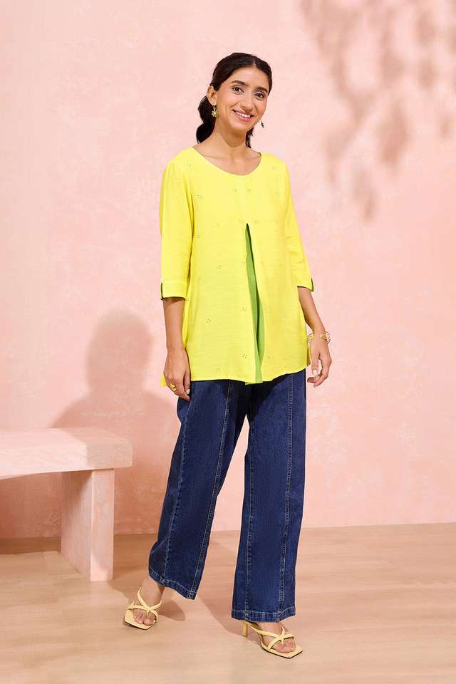 Yellow Viscose Embroidered Short Top thumbnail image number null
