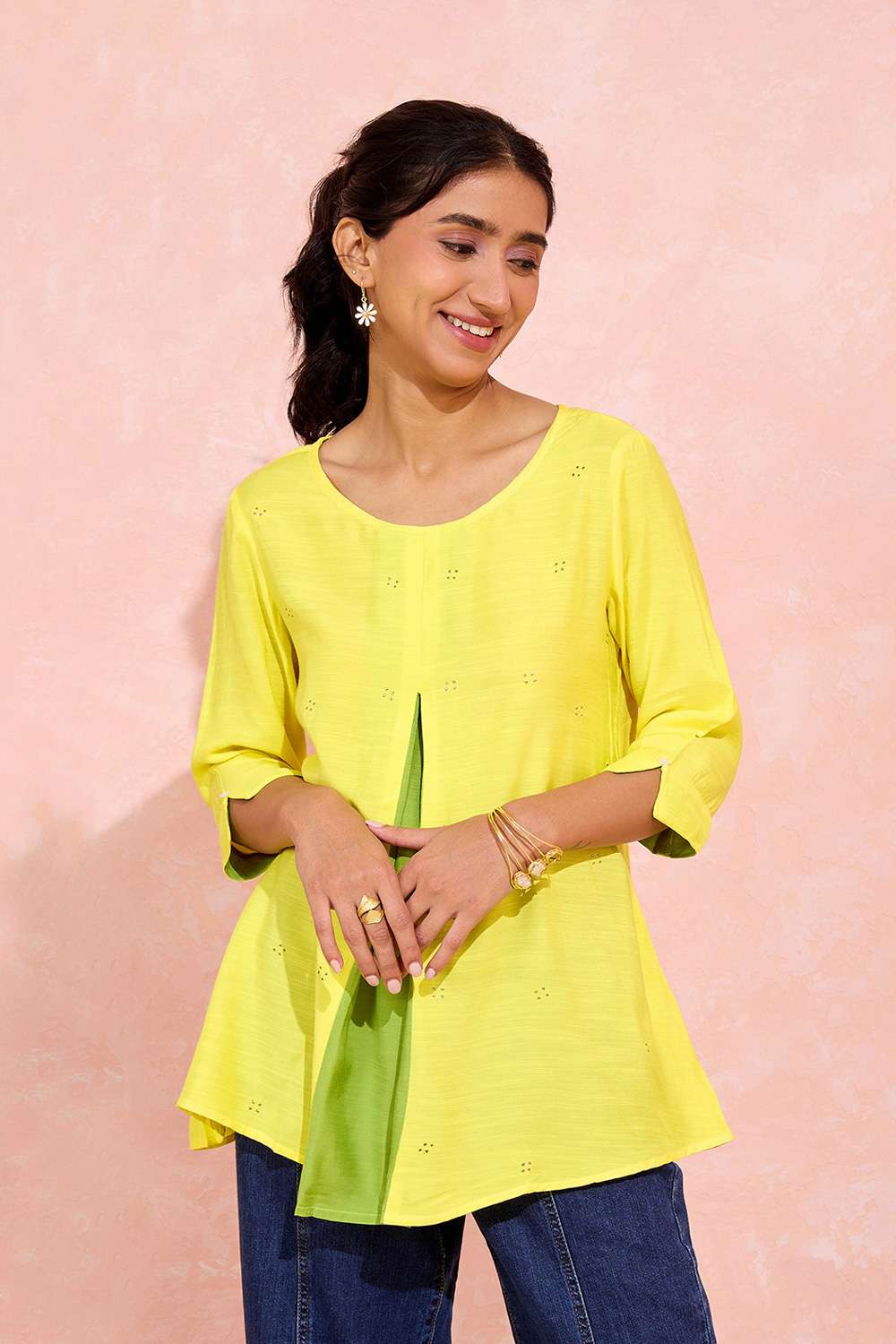 Yellow Viscose Embroidered Short Top image number null