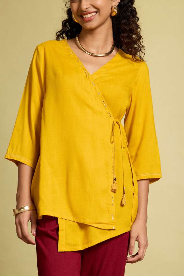 Yellow Viscose Embroidered Short Top thumbnail image number null