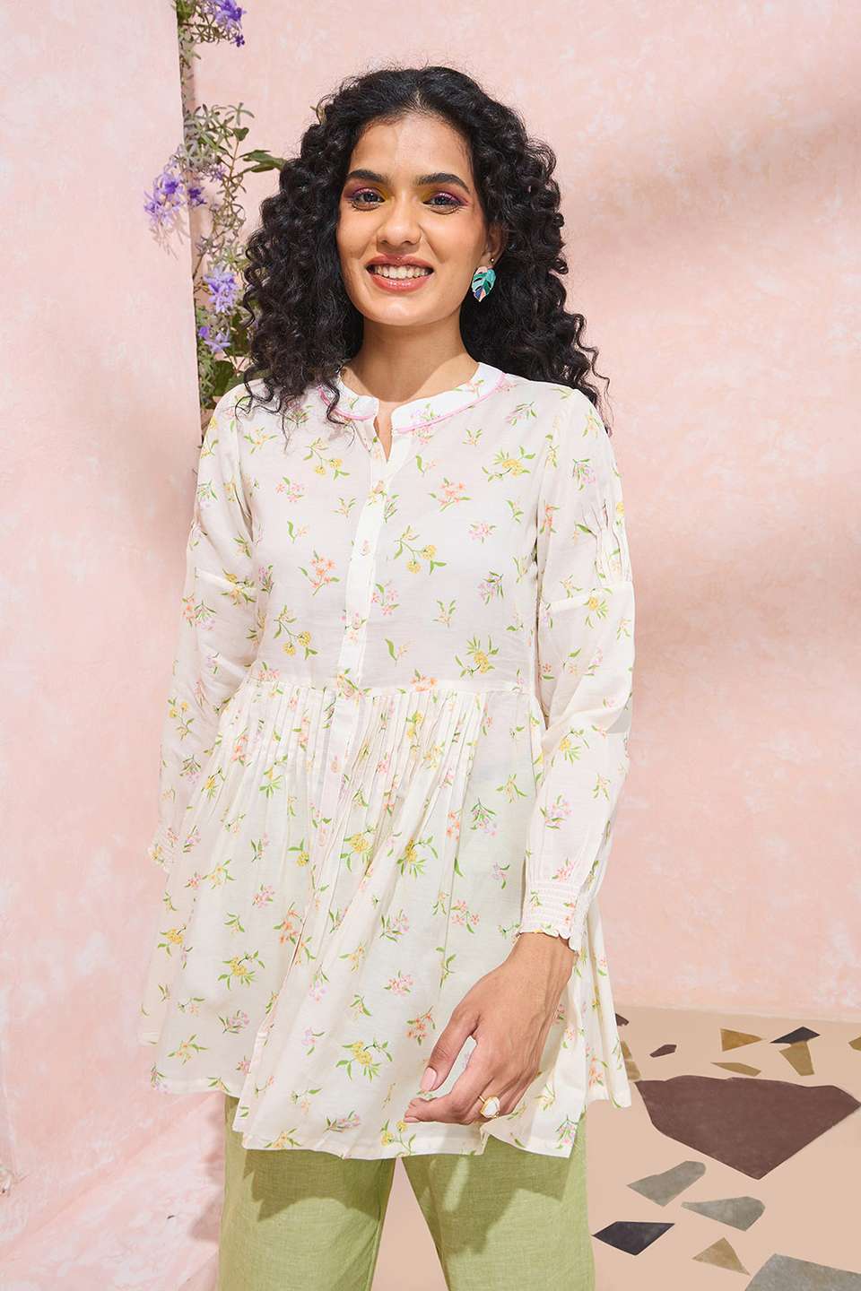 Off White Printed Cotton Viscose Short Top