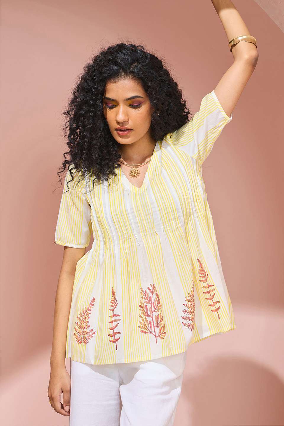 Light Yellow Block Printed Pure Cotton Short Top