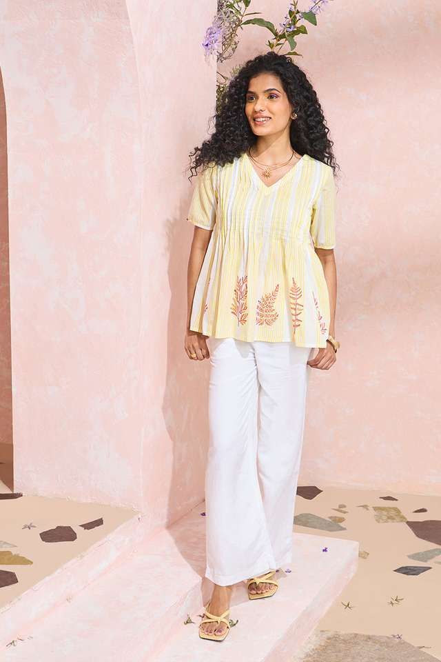 Light Yellow Block Printed Pure Cotton Short Top thumbnail image number null