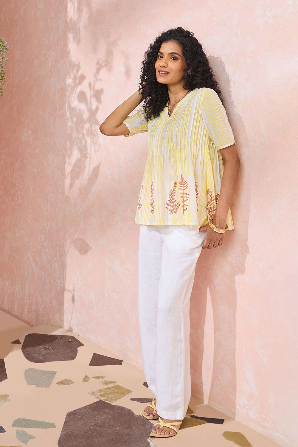 Light Yellow Block Printed Pure Cotton Short Top image number null
