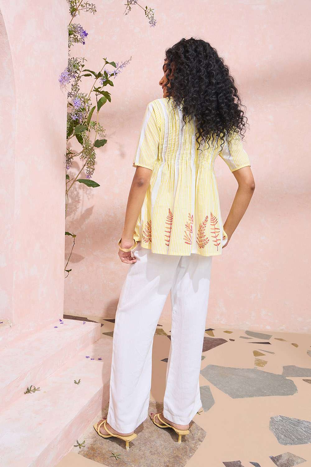 Light Yellow Block Printed Pure Cotton Short Top image number null