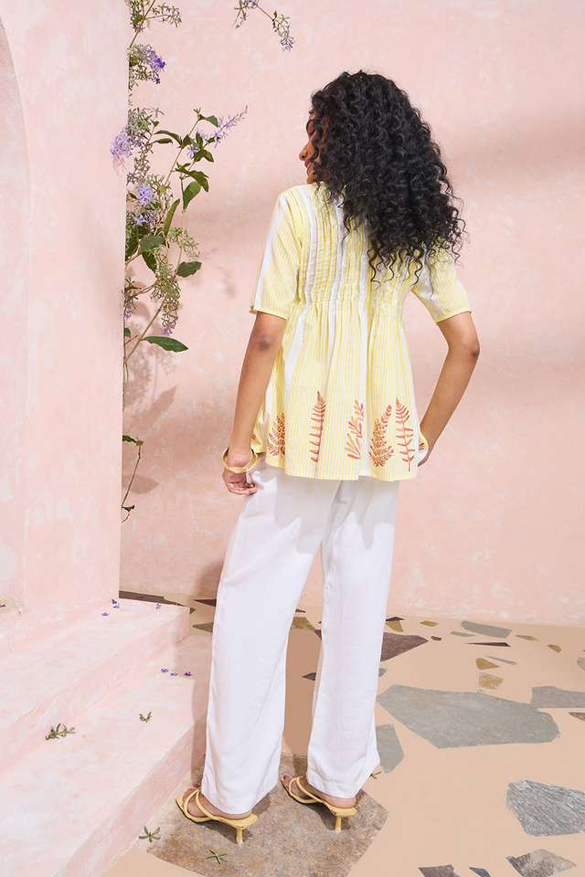 Light Yellow Block Printed Pure Cotton Short Top thumbnail image number null