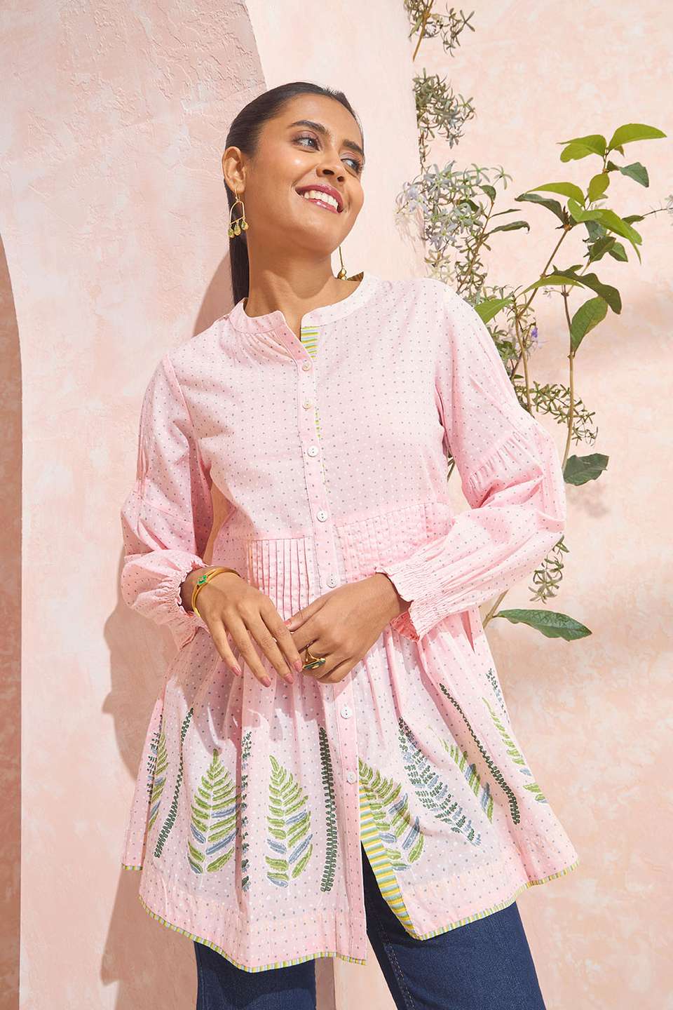 Light Pink Block Printed Pure Cotton Short Top