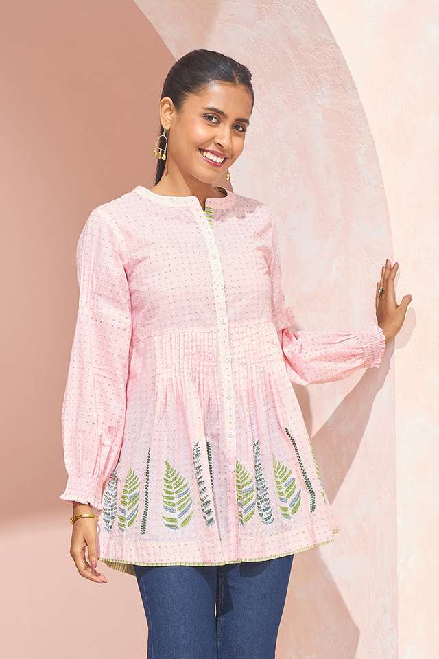 Light Pink Block Printed Pure Cotton Short Top thumbnail image number null