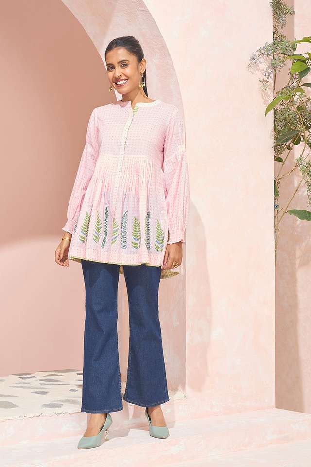 Light Pink Block Printed Pure Cotton Short Top thumbnail image number null