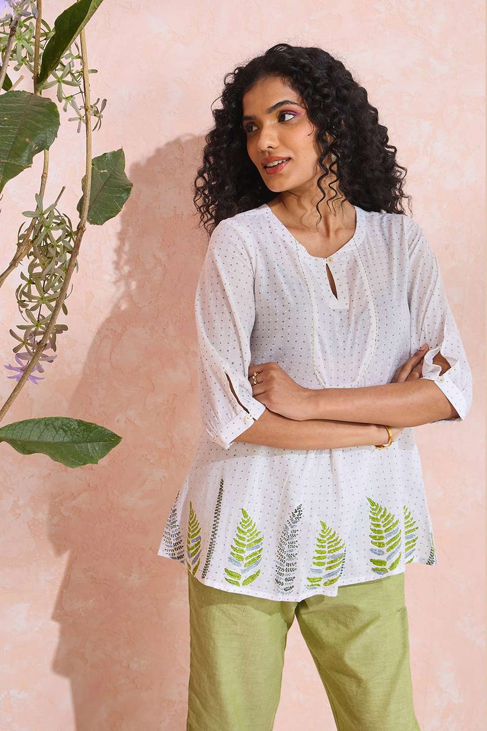 White Block Printed Pure Cotton Short Top