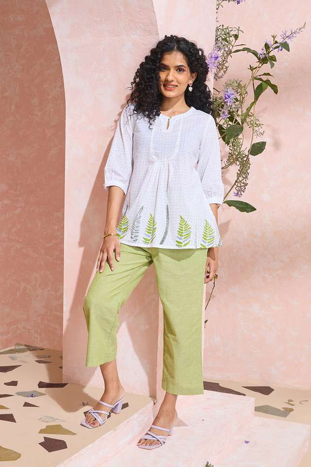 White Block Printed Pure Cotton Short Top thumbnail image number null