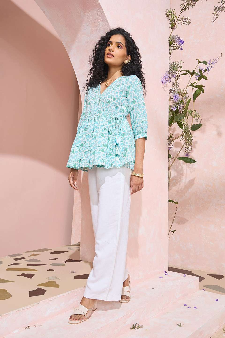 Green Block Printed Pure Cotton Short Top