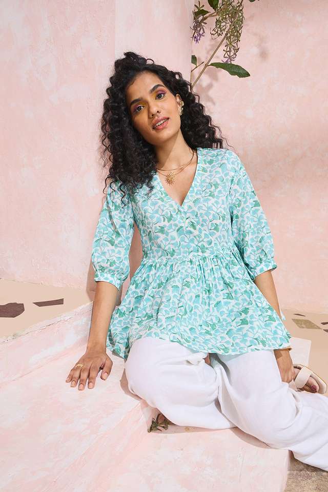 Green Block Printed Pure Cotton Short Top thumbnail image number null
