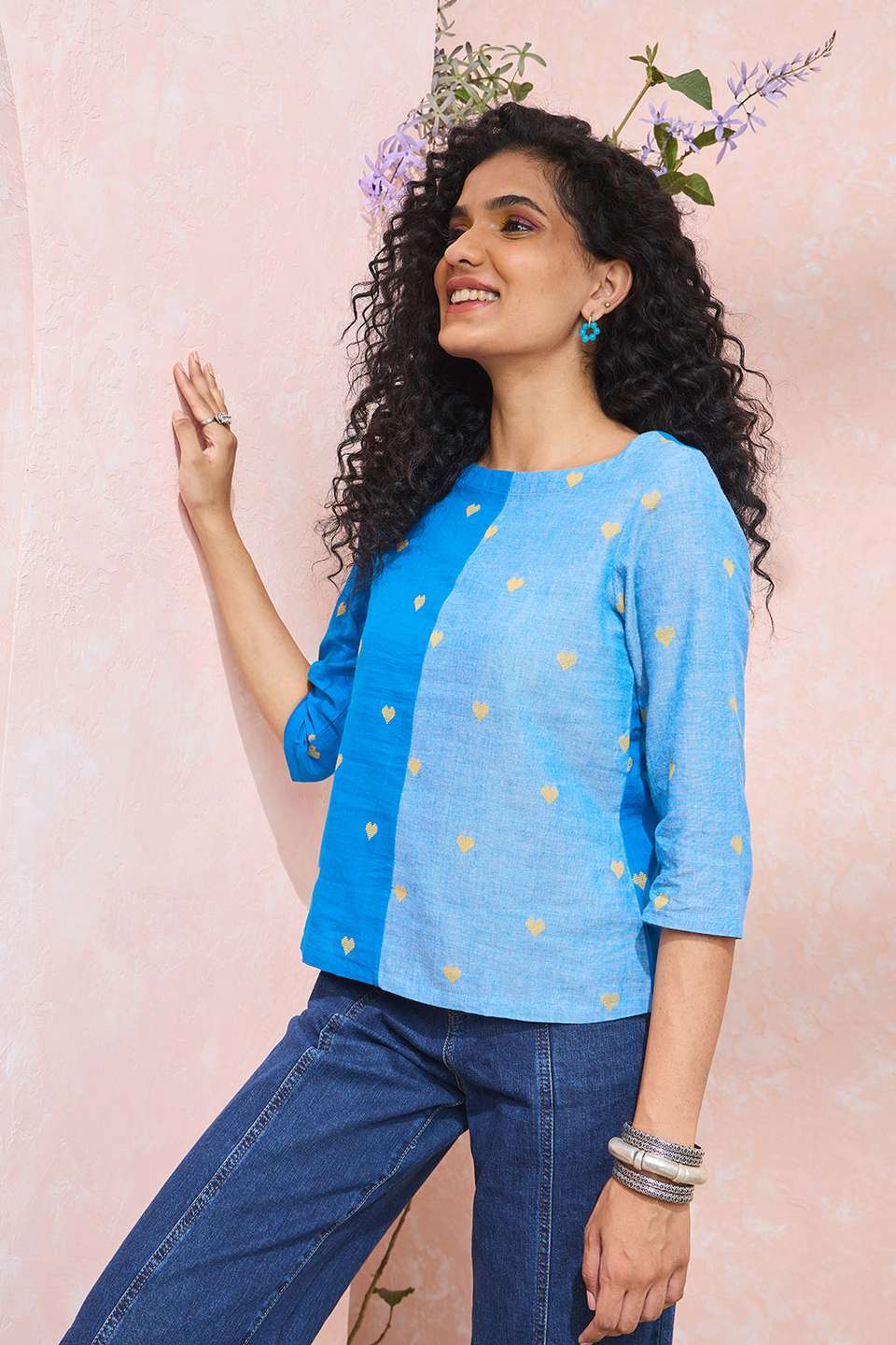 Blue Woven Pure Cotton Short Top