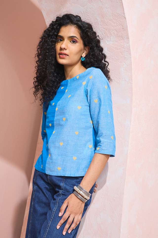 Blue Woven Pure Cotton Short Top thumbnail image number null