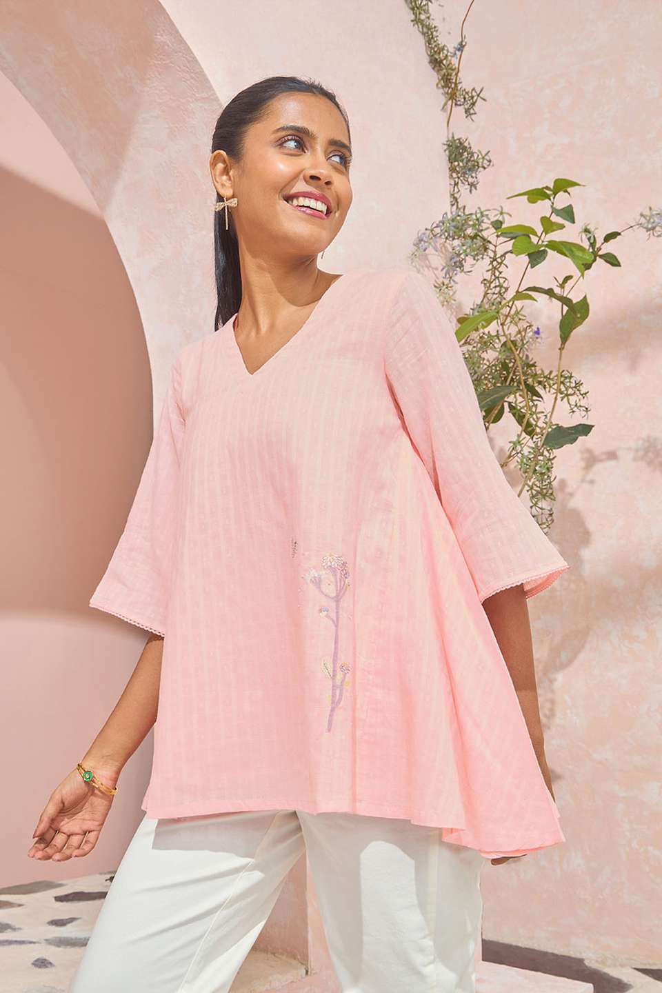 Light Pink Pure Cotton Embroidered Short Top