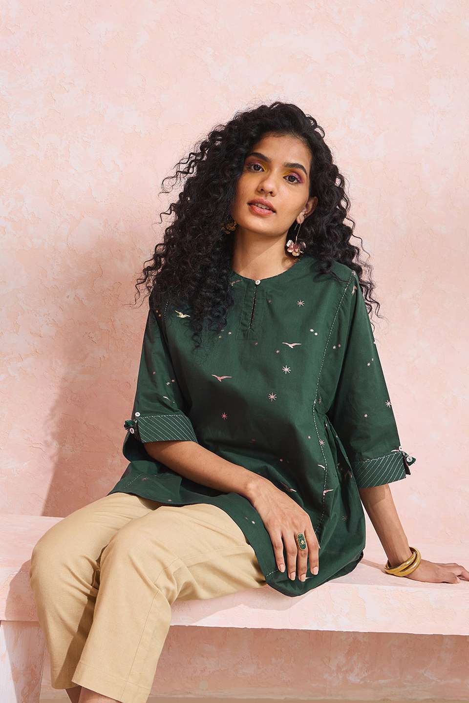 Dark Green Screen Printed Pure Cotton Short Top