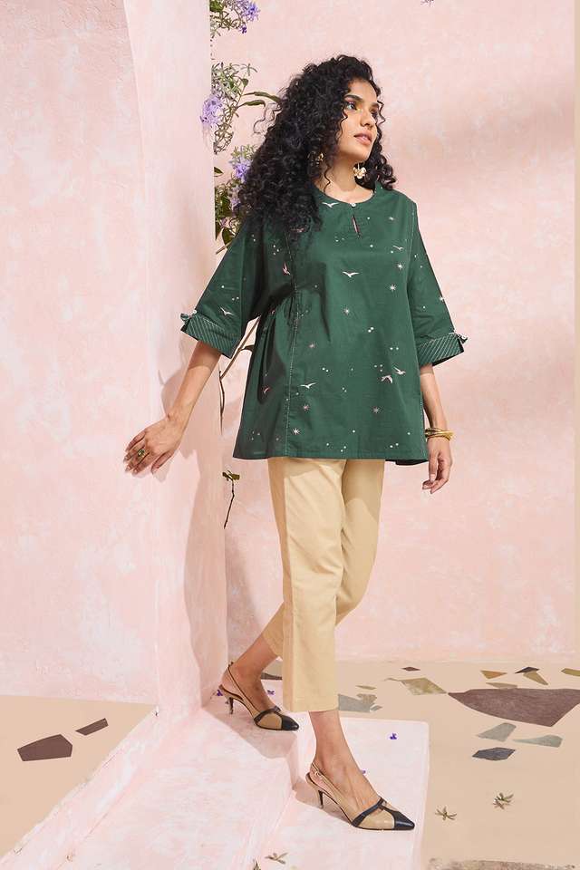 Dark Green Screen Printed Pure Cotton Short Top thumbnail image number null