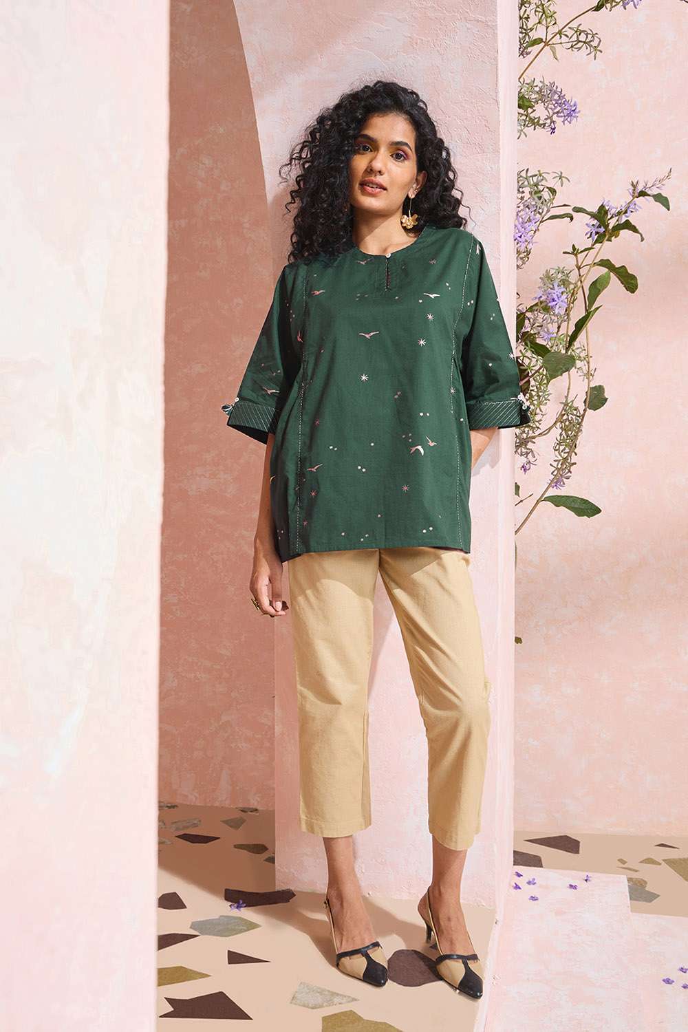 Dark Green Screen Printed Pure Cotton Short Top image number null