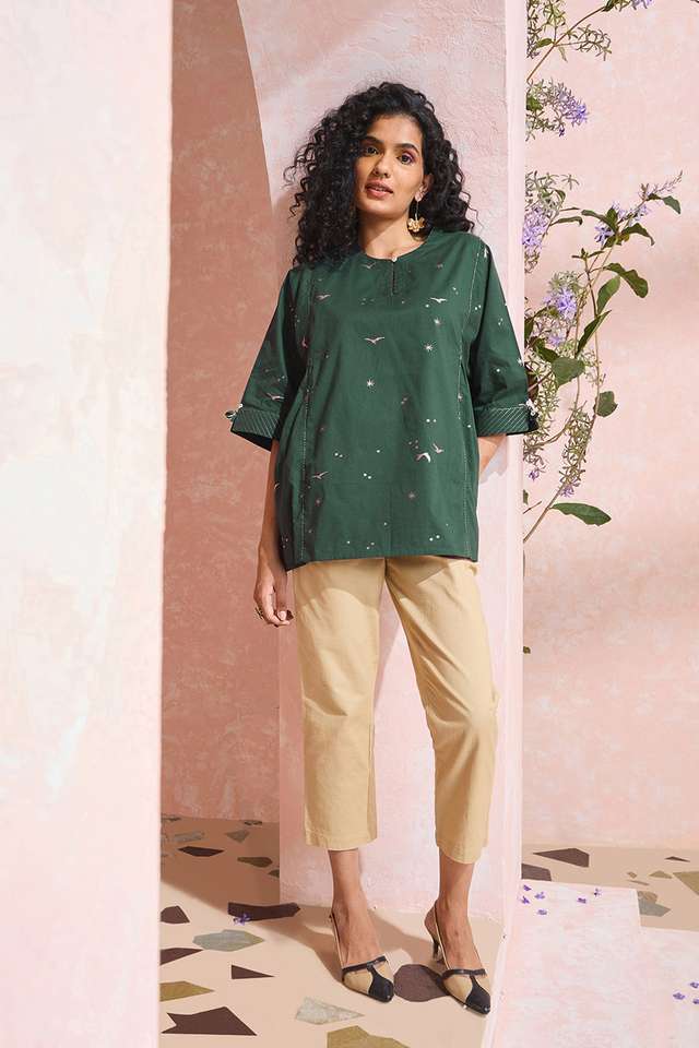 Dark Green Screen Printed Pure Cotton Short Top thumbnail image number null