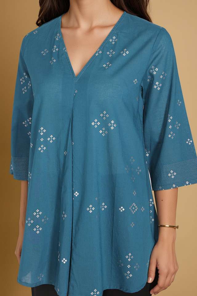 Blue Screen Printed Pure Cotton Short Top thumbnail image number null