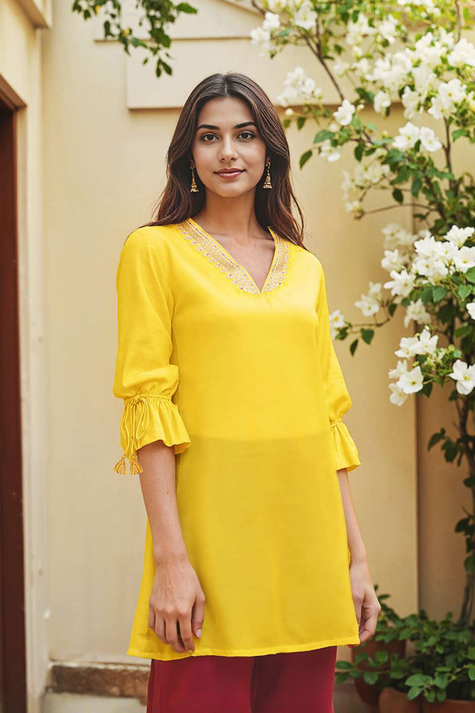 Yellow Viscose Embroidered Short Top