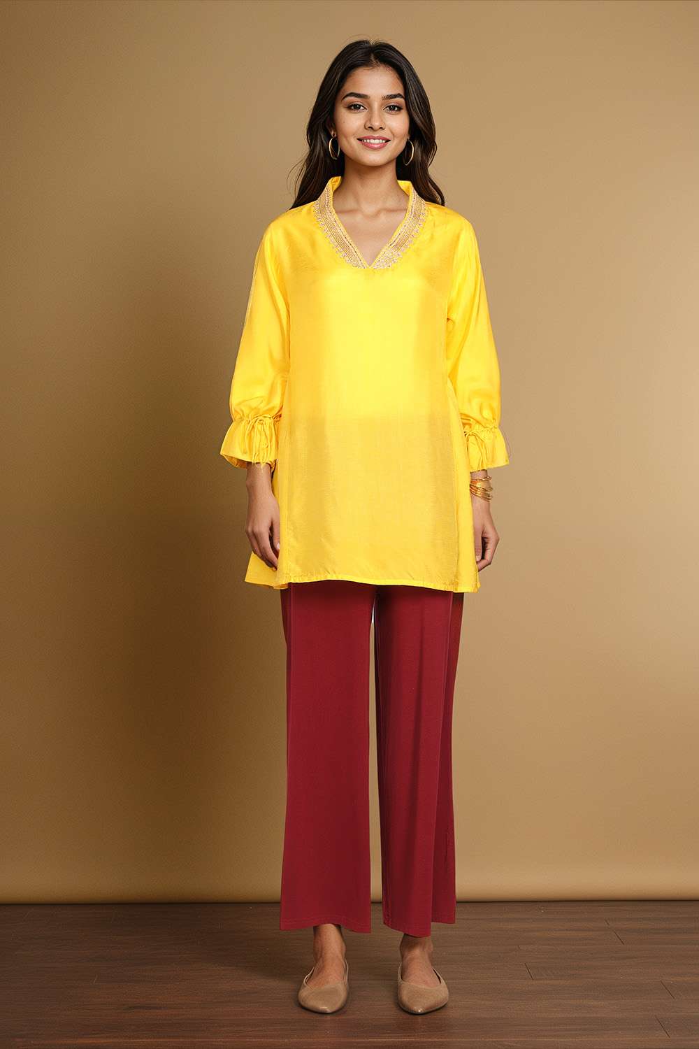 Yellow Viscose Embroidered Short Top image number null
