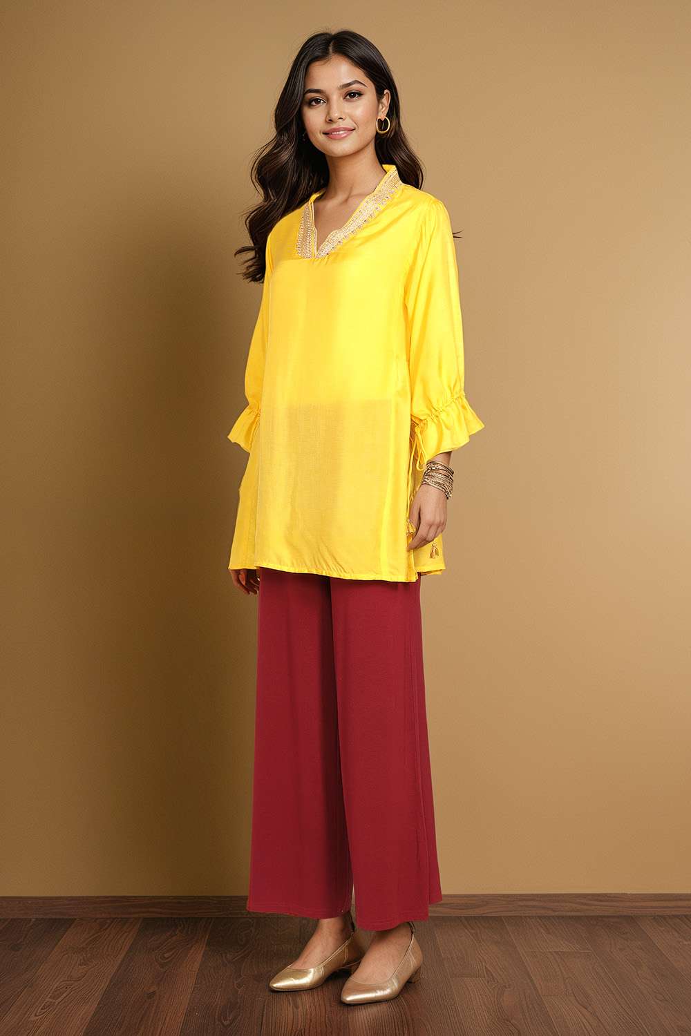 Yellow Viscose Embroidered Short Top image number null