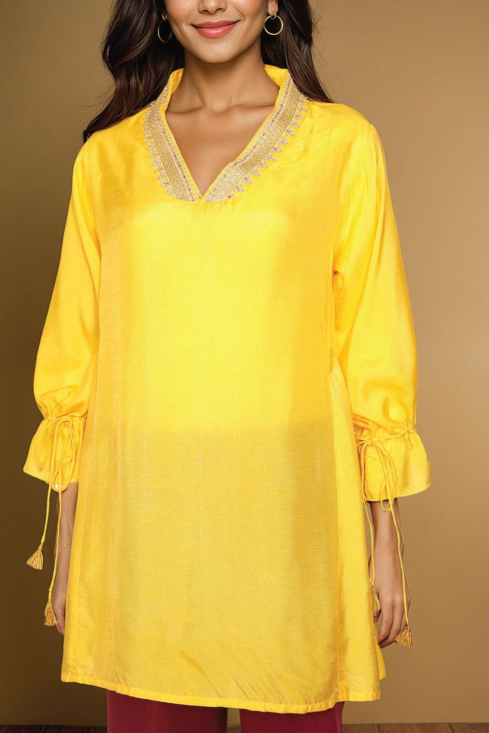 Yellow Viscose Embroidered Short Top image number null