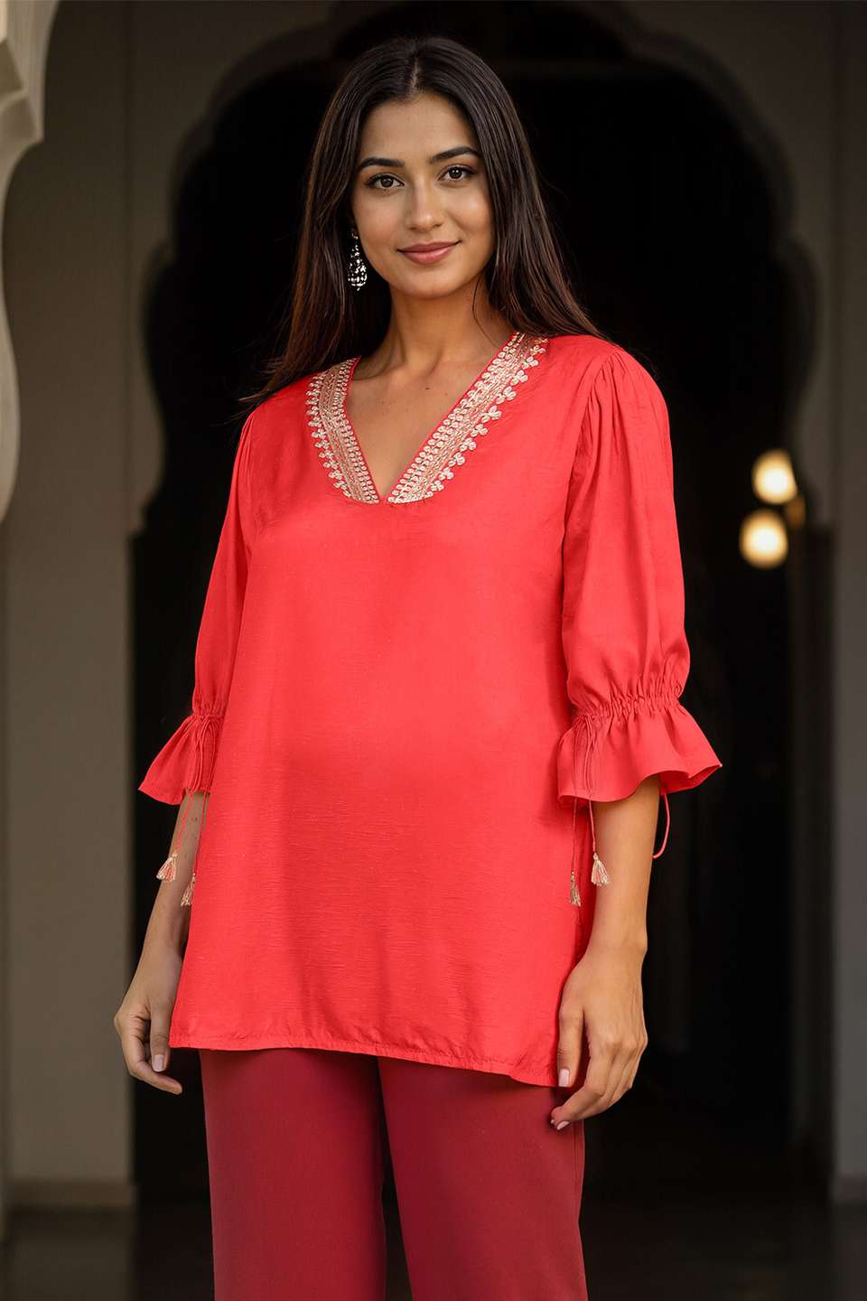 Dark Orange Viscose Embroidered Short Top