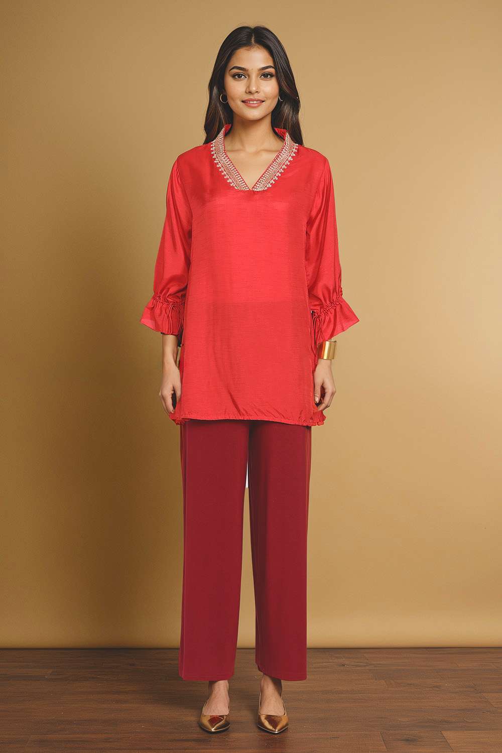 Dark Orange Viscose Embroidered Short Top image number null