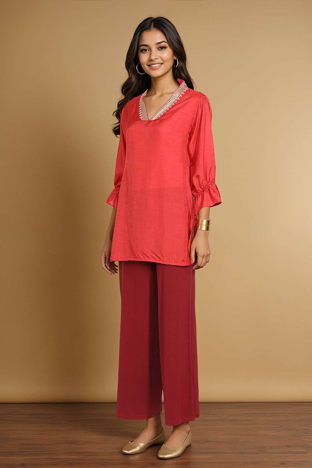 Dark Orange Viscose Embroidered Short Top image number null