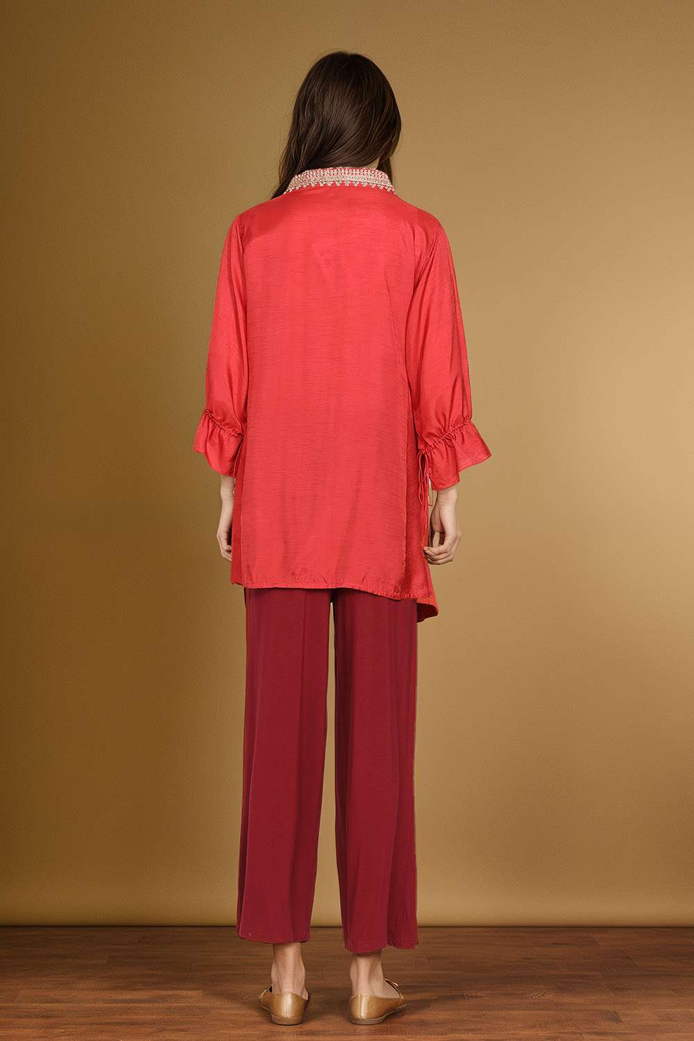 Dark Orange Viscose Embroidered Short Top image number null