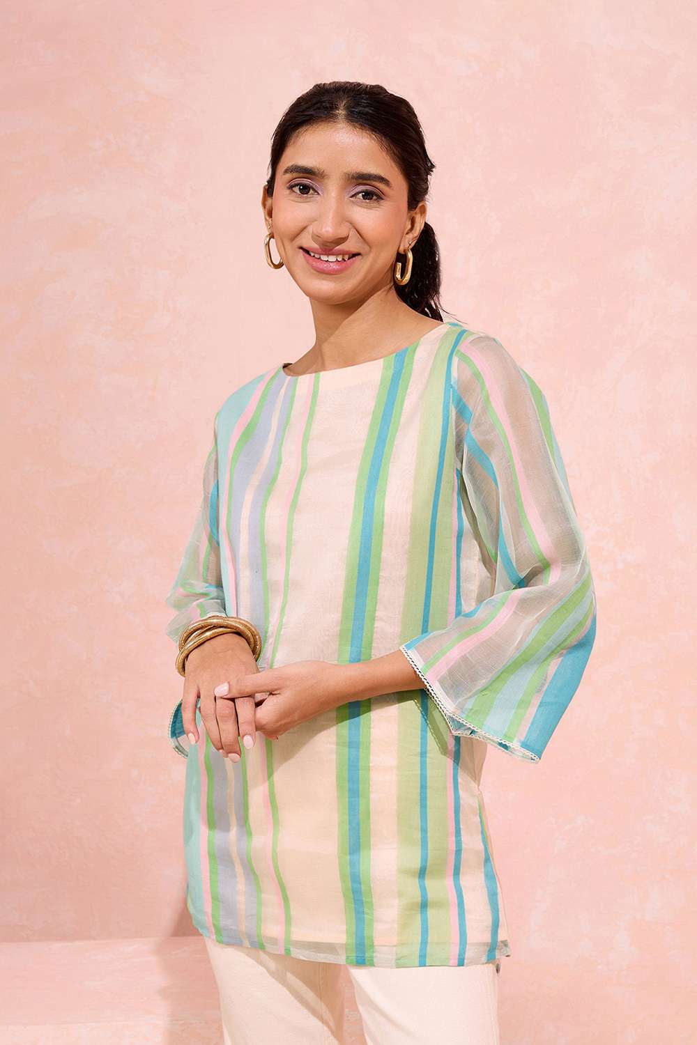Light Pink Woven Pure Cotton Organza Short Top image number null