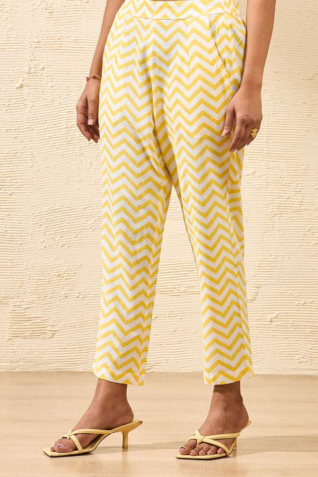 Light Yellow Screen Printed Pure Cotton Trouser image number